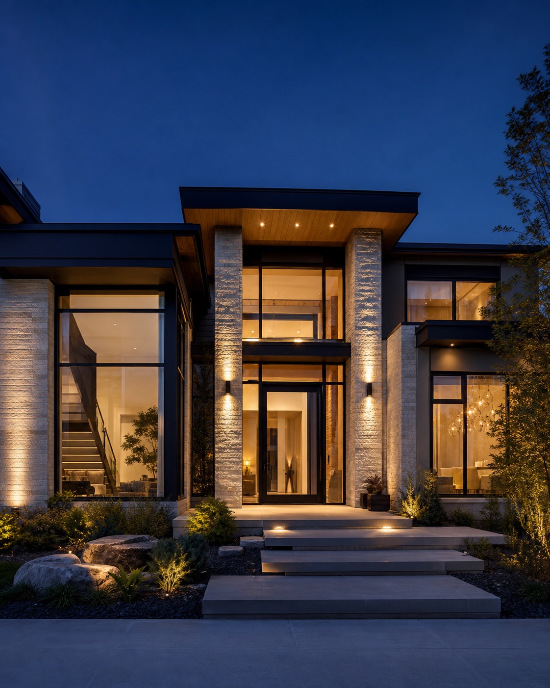 Modern luxury home exterior at blue hour