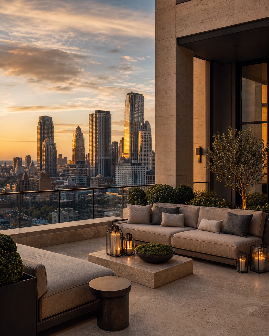 Luxury terrace overlooking a city skyline